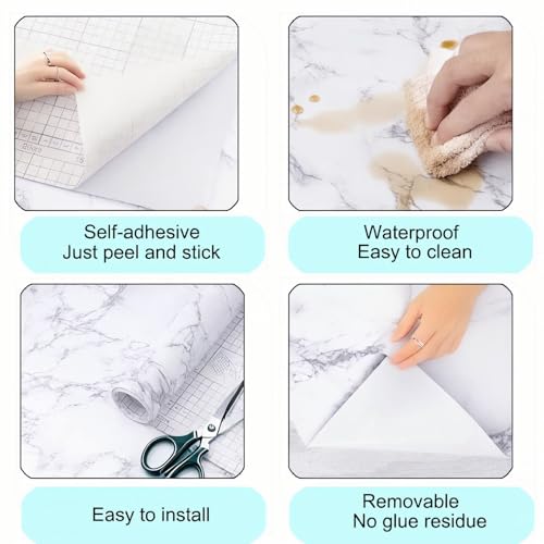 White Marble Contact Paper Peel and Stick Vinyl Wallpaper Self Adhesive Removable Waterproof for Countertop Cabinet Table Desk Drawer Furniture (15.7x118 Inch)