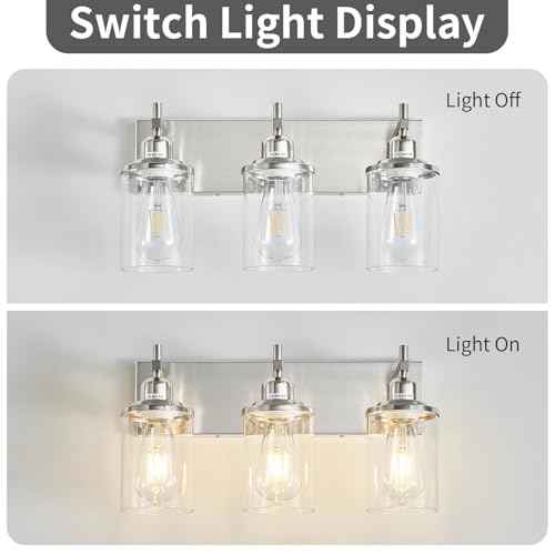 3-Light Brushed Nickel Bathroom Light Fixture Over Mirror Modern Bathroom Vanity Light Vintage Wall Lighting with Clear Glass Shade for Bathroom, Bedroom, Hallway, Cabinet