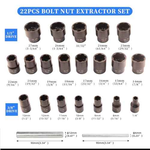 22pcs Bolt Nut Extractor Set Metric 8-27mm Impact Lug Removal Tool 1/2" and 3/8" Drive Wheel Lock Removal Kit for Extracting Damaged, Stripped Frozen Nuts & Screws Twist Socket Set