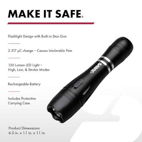 SABRE 2-in-1 Tactical Stun Gun with LED Flashlight, Self Defense Stun Gun with 2.517 ?C Charge Produces Intolerable Pain, 130 Lumen LED Light, Safety Switch, Belt Holster, Rechargeable Battery
