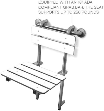 Portable Hanging Profile Bench Shower Seat with 18-inch Grab Bar, Grab Bar Supported, Stainless Steel, White