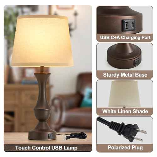 Luvkczc 22" Table Lamp Set of 2 - Vintage Brown Bedside Lamp with Beige Fabric Shade, 3-Way Dimmable, USB C+A Ports, Nightstand Lamp for Living Room Bedroom (Bulb Included)