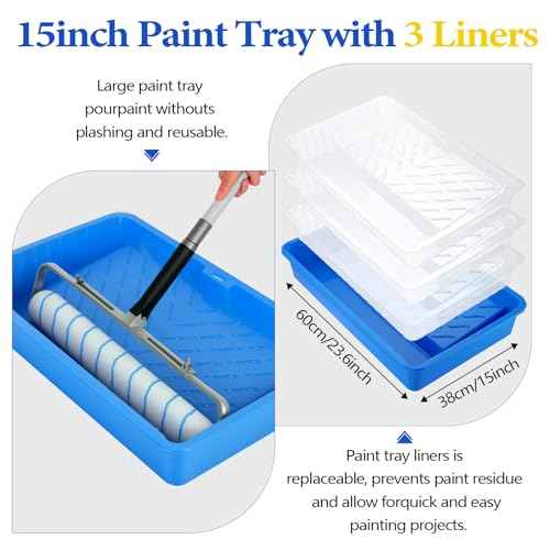 18 Inch Paint Roller Kit, 14 Pack Paint Roller Set with 2-4 Ft Extension Pole, Paint Tray Liners with Plastic Sheeting for Painting Walls Ceilings House Corner Stain