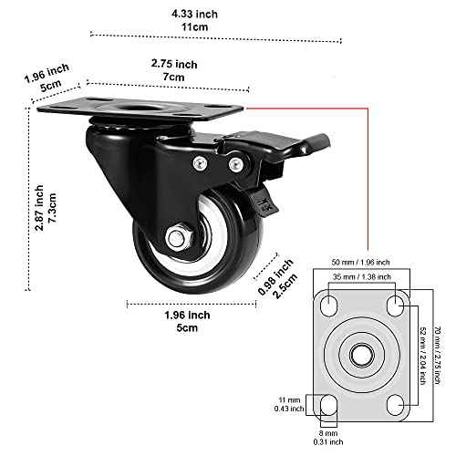 2" Caster Wheels Set of 16, Heavy Duty Casters with Brake, No Noise Locking Casters with Polyurethane (PU) Wheels, Swivel Plate Castors Pack of 16