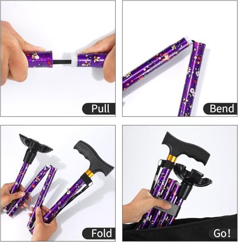 Walking Cane ATMTV Cane for Woman | Mobility & Daily Living Aids | 5-Level Height Adjustable Walking Stick | Comfortable Plastic T-Handle Portable Folding Cane with Replace Tip Purple Flower