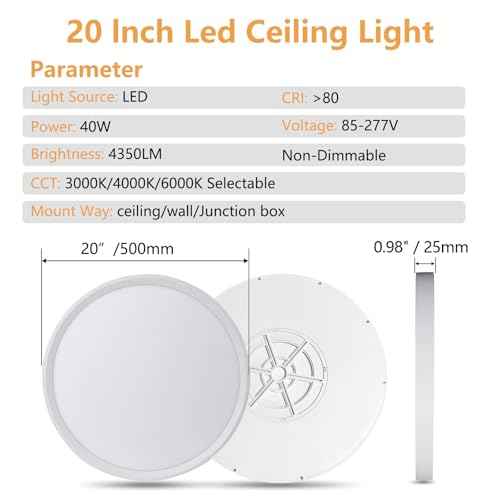20 Inch LED Flush Mount Ceiling Light, 40W, 4350LM, 3000K/4000K/6000K CCT Selectable Super Slim Round Flat Panel Light for Living Room, Bedroom, Kitchen