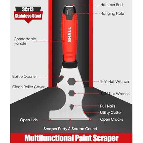 SHALL 8-In-1 Paint Scraper, Stainless Steel Paint Remover Scraper Tool, Putty Knife with Hammer End and Comfort Handle, Metal Spackle Scraper for Removing Drywall Paint, Caulk, Wood, Wallpaper