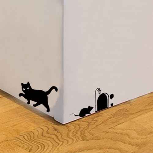 Generic 2 Sheets Black Cat Mouse & Hole Stair Stickers Remove Mouse Hole Wall Decals for Bedroom Living Room Background Home Decor Waterproof Wall Stickers Decorations