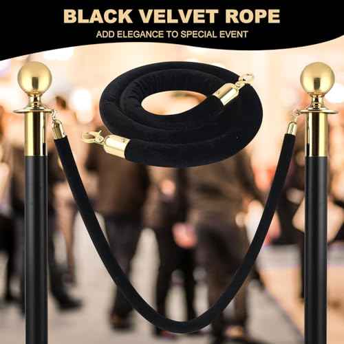 6 Pack Velvet Rope, 5 Feet Black Velvet Stanchion Rope with Gold Polished Hooks, Crowd Control Queue Line Barrier Rope Hanging Ropes for Hotels, Movie Theaters, Grand Openings, Carpet Event