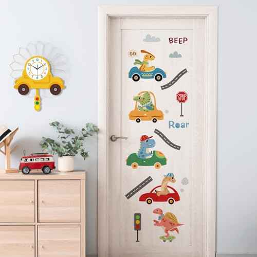 Yovkky Dinosaur Car Beep Wall Decals Stickers, Dino Roar Vehicle Transportation Toddlers Baby Nursery Decor, Traffic Sign Home Decorations Boys Kids Bedroom Playroom Art
