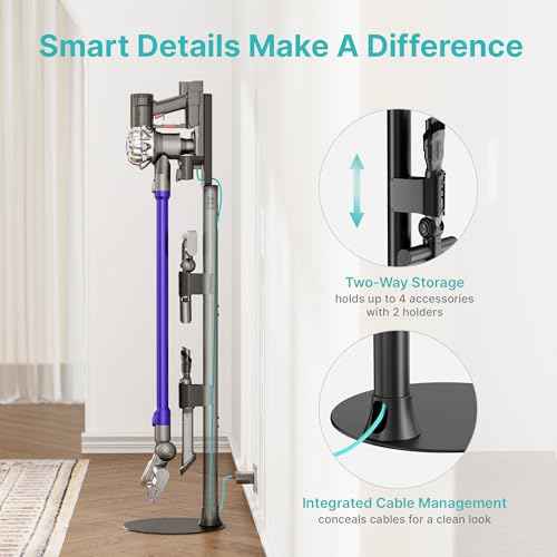 Vacuum Cleaner Stand, Compatible with Dyson Gen5 V15 V12 V11 V10 V8 V7 V6, Vacuum Holder with 2 Removable Accessory Clips, Cordless Vacuum Attachment Organizer with Built-in Cable Slot, Black