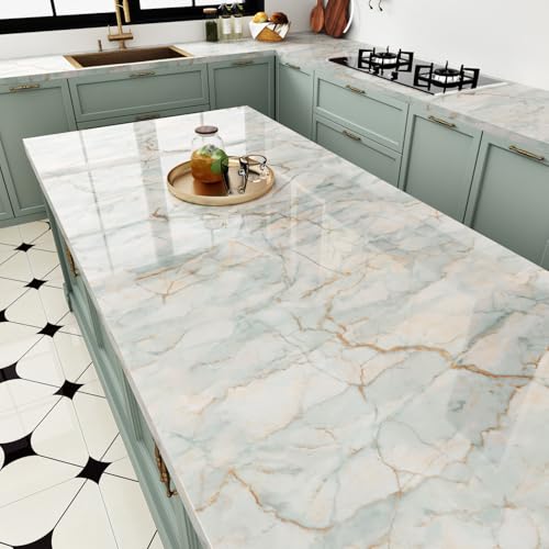 Glossy Cyan Marble Contact Paper Peel and Stick Countertops Waterproof Marble Wallpaper for Bathroom Green/Yellow Vinyl Self Adhesive Kitchen Countertop Contact Paper for Cabinets Tables 15.8"x78.7"