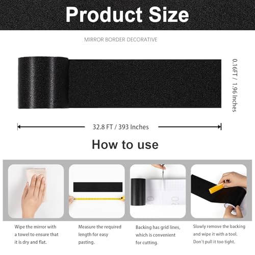 10M Black Mirror Tape Border Peel and Stick, Removable Self Adhesive Mirror Borders for Bathroom Decor Sticker 1.96'' x 393''