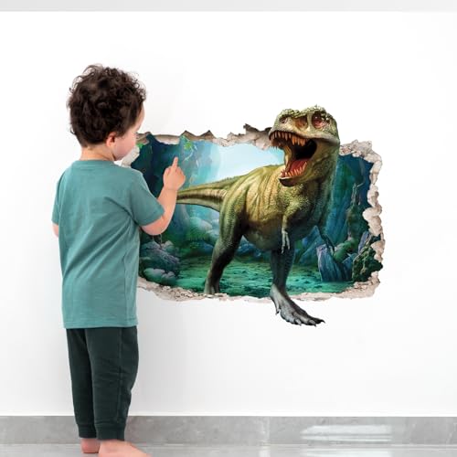 Supzone Large 3D Broken Dinosaur Wall Decals for Boys Room, Break Through The Wall Vinyl Wall Sticker for for Kids Bedroom Nursery Playroom Classroom