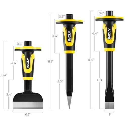 INCLY 3PCS Masonry Chisel Set with Hand Guard, Stone and Rock Chisel, Heavy Duty Concrete Chisel Tools Including 11 Inch Point & Flat, 8 Inch Brick Chisels for Breaking Splitting Cutting