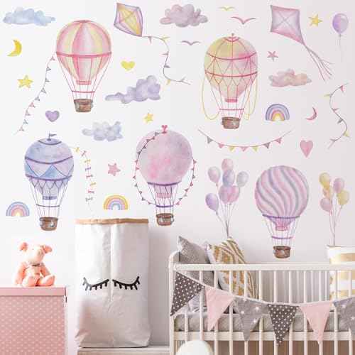 Large Hot Air Balloon Wall Decals Stars Clouds Balloon Vinyl Wall Stickers Colorful Kites Rainbow Wall Art Stickers for Kids Baby Nursery Bedroom