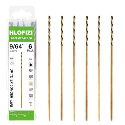 9/64 x 6 Inch Extra Long Drill Bits (6 Pack), Aircraft Drill Bit Black and Gold M2 HSS for Wood, Plastic, Thin Metal Sheet