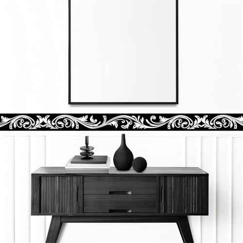 Black Floral Molding Wall Border Stickers, sacinora Skirting Wall Waist Line Decal Removable Vinyl Peel and Stick Bathroom Bedroom Kitchen Living Room Door Trimming Mirror Frame Frill Home Decorations