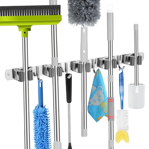voze [2 Pack] 5 Racks and 4 Hooks Mop and Broom Holder Wall Mount, Self Adhesive Heavy Duty Broom Organizer Storage Tool Racks for Kitchen Garden Laundry Garage, Silver