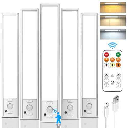 Under Cabinet Lights Wireless,Motion Sensor Light Indoor Closet Lights with Remote Control,3 Color Temps,LED Rechargeable Battery Operated,Under Counter Lights for Kitchen,Wardrobe,Stairs,5 Pack