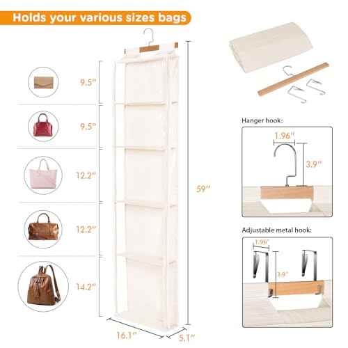 Syeeiex Hanging Handbag Purse Organizer with Zippers, 5 Mesh Shelves,Clear Slubbed Fabric+PVC Hanging Closet Bag Organizer, Dustproof Handbag Closet Tote Storage Bag for Door, Wardrobe, Beige