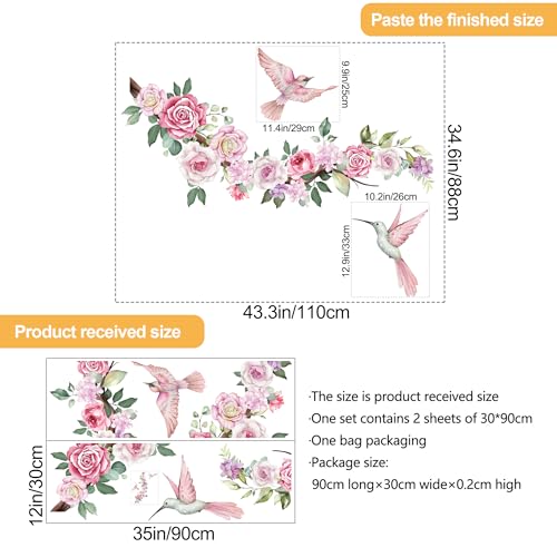 2 Sheets Watercolor Peony Flowers Wall Decals Floral Wall Stickers Pink Hummingbirds Wall Decals DIY Removable Flying Birds Floral Art Stickers for Living Room Sofa TV Background