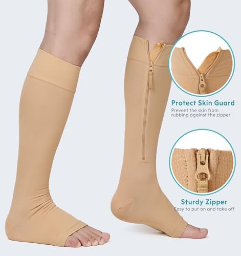 NURCOM Copper Compression Socks 4X-Large Beige Opaque Plus Size Knee-Hi 20-30 mmHg Wide Calf, Zipper Compression Socks, Alleviates Varicose Veins, Chronic Venous, Spider Veins, Swelling, Lymphedema