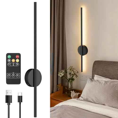 Battery Operated Black Wall Sconce , USB Rechargeable Wall Lights with Remote Control, 1 Pack Dimmable LED Wall Lamp Indoor, 360¡Æ Rotation Wireless Lights for Living Room Bedroom Hallway, 31.5 inch