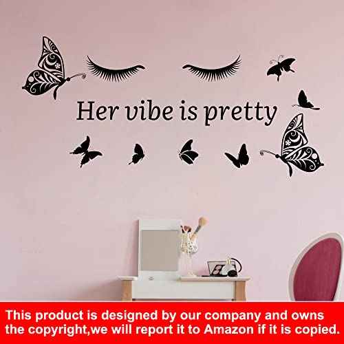 Her Vibe is Pretty Wall Decals Vinyl Inspirational Wall Decal Quotes Butterfly Eyelash Stickers Motivational Sayings Black Positive Lettering Wall Decals for Woman Girls Bedroom Living Room Bathroom
