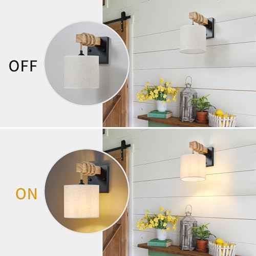 Boho Wall Sconces Set of Two, Hardwired Farmhouse Fabric Wall Lamps with Wooden Arm & On/Off Dimmable Switch,Rustic Indoor Wall Mount Light Fixtures for Bedroom Nursery Living Room Bathroom