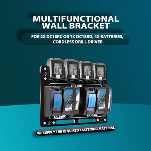 Battery Holder for Makita, Wall Mount for Makita DC18RC DC18RD Chargers, Suitable for Makita Battery Charger 14.4V/18V Batteries and 2 Drilling Screwdrivers, Storage in The Workshop and Garage