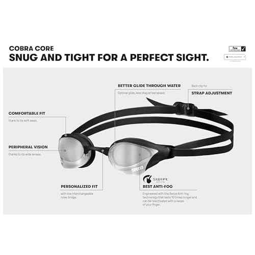 ARENA Unisex Cobra Core Swipe Anti-Fog Racing Swim Goggles for Men and Women Polycarbonate Mirror/Non-Mirror Lens