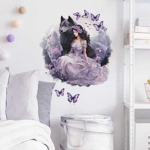 Purple Wolf Girl Butterfly Wall Stickers, sacinora Creative Cold Beauty Art Wall Decals Removable Vinyl Peel and Stick for Kids Women Bedroom Nursery Decoration