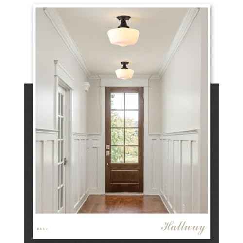 Schoolhouse Light Fixture, 12 Inch Black Finish with Milk Glass Semi Flush Mount Ceiling Light, Ceiling Light Fixture for Kitchen Hallway Entryway