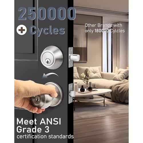3 Pack Keyed Alike Front Door Knob and Deadbolt Set, Entry Door Locksets with Single Cylinder Deadbolt, Satin Nickel Flat Round Door Lock Set for Bedroom/Office/Exterior Doors
