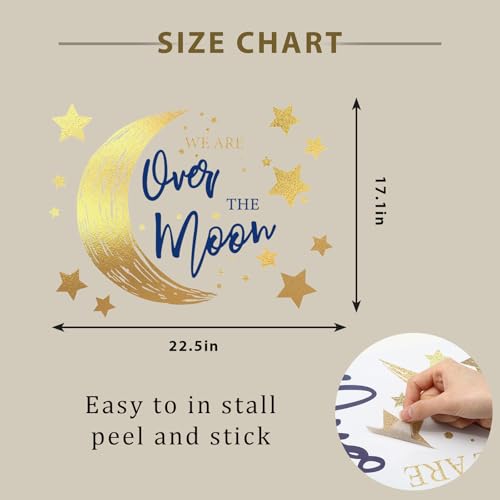 Baby Shower Party Decal Sign We Are Over The Moon Wall Stickers Moon Star Backdrop Photo Prop for Birthday Gender Reveal, 4 Sheets