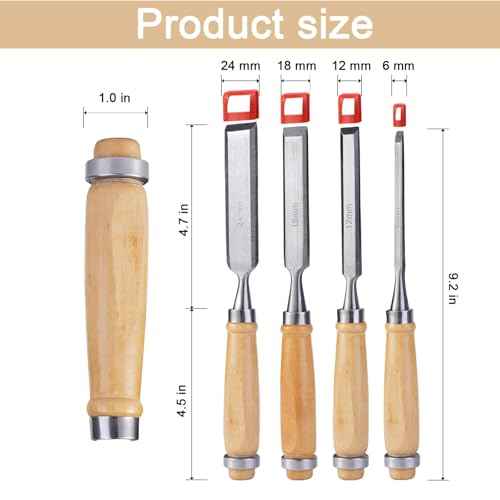 4 Piece Wood Chisel Set, Sturdy Carton Steel Chisels with Wood Handle, Wood Tools for Woodworking and DIY Projects (6mm, 12mm, 18mm, 24mm)