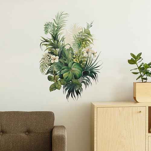 Botanical Wall Decals with Palm Leaves Lush Green Foliage White Flowers Removable Peel and Stick Wall Art 22.4x15.7 inches for Living Room Nursery Home Decor