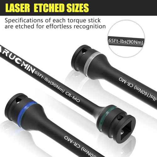 1/2" Drive Torque Limiting Extension Bar Set, 5-Piece Lug Nut Torque Stick Set With 8 Inch Color-Coded 65 to 140 Ft-Lbs Torque Sticks