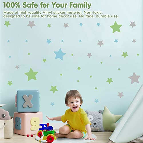 Stars Wall Decals Peel and Stick, Green Blue Grey Stars Wall Stickers for Adults Bedroom, Vinyl Stars Wall Decals for Living Room