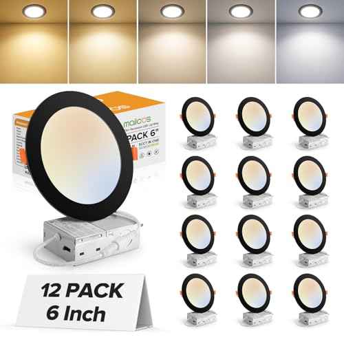 MAILCOS 12 Pack 6 Inch 5CCT Black Ultra-Thin LED Recessed Lighting with Junction Box, 2700K-5000K Selectable, 1050LM High Brightness, Dimmable Canless Wafer Downlight, 12W 120V, ETL