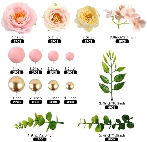 Ercadio 30Pcs Pink Artificial Flowers Balls Cake Decorations 3D Flowers with Artifcial Leaves Cake Toppers for Mother's Birthday Bridal Shower Wedding Anniversary Party Cake Decorations Supplies