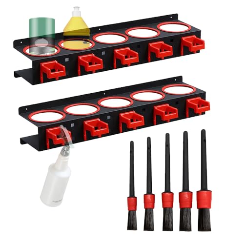 Spray Bottle Rack Organizer, 2 Pack Wall-mounted Spray Bottle Holder, Car Beauty Shop Garage Bottle Organizer, Steel Wall Mount Storage Organizer with 5 Hooks and 5 PCS Cleaning Brushes