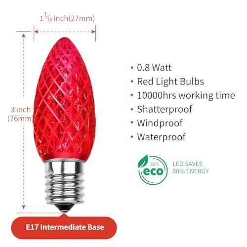 Meconard C9 Led Replacement Christmas Light Bulbs, C9 Shatterproof Led Bulbs for Christmas Indoor Outdoor String Lights, E17 Intermediate Base, Commercial Grade Holiday Bulbs, Red, 50 Pack