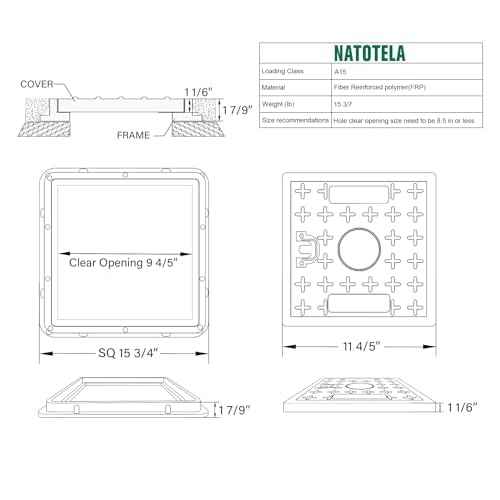 12x12 inch Manhole Cover and Frame,Overall Size 16x16,Embedded Fiberglass Polymer Sewer Cover with Handles,Clear Opening Size 9.5x9.5,Reinforced Steel Non-Slip Recessed Septic Tank Covers