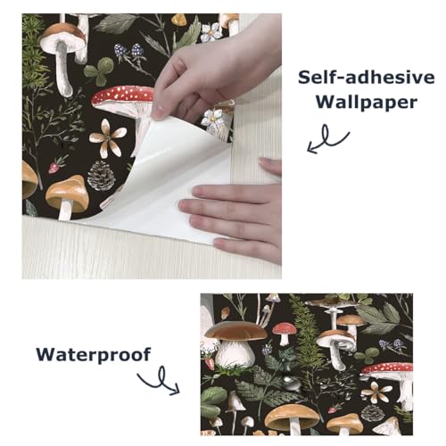 GaliGali Peel and Stick Wallpaper, Contact Paper for Bathroom/Home Decor£¬Black Boho Floral Wallpaper, Mushroom Removable Vinyl Waterproof Self-Adhesive Contact Paper, 17.3"x118", NO.A00121A-3