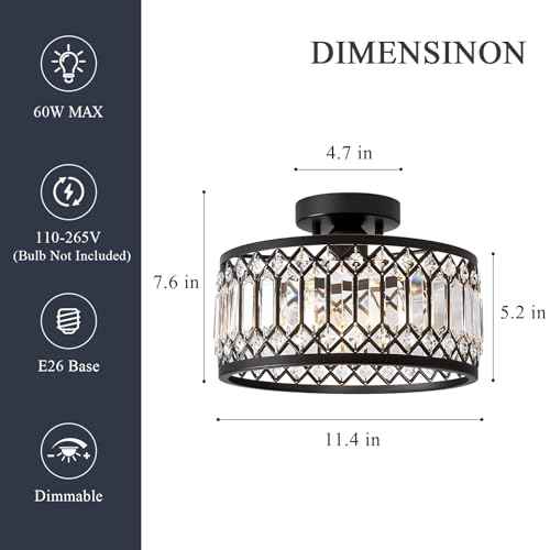 Crystal Black Ceiling Light, Modern Semi Flush Mount Ceiling Lighting Fixture, Round Hallway Lighting Fixtures for Kitchen Entryway Bedroom Laundry Room, 1-Light, 11.4 Inch