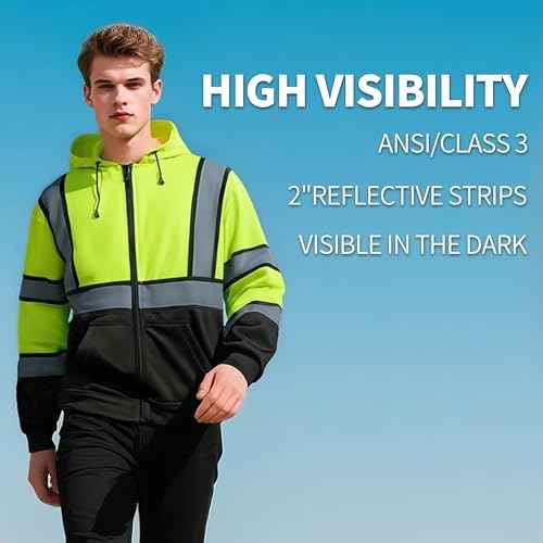High Visibility Hoodie for Men Class 3 Hi Vis Safety Hoodies Reflective Construction Sweatshirt with Pockets