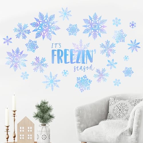 Mfault Winter Blue Snowflake Wall Decals Stickers, It's Freezin' Season Snow Decorations Bedroom Art, Seasonal Christmas Home Kitchen Decor