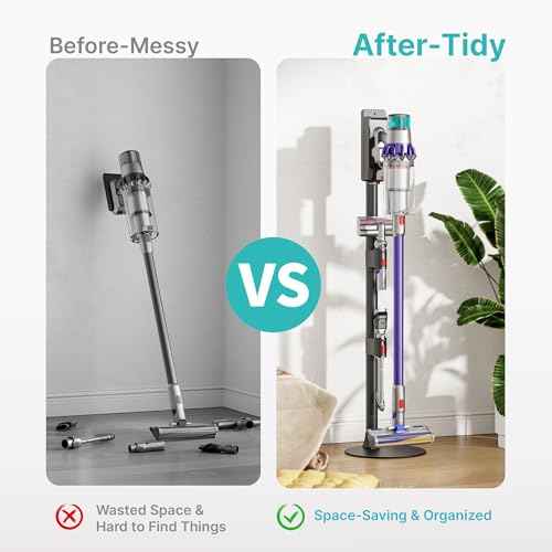 Vacuum Cleaner Stand, Compatible with Dyson Gen5 V15 V12 V11 V10 V8 V7 V6, Vacuum Holder with 2 Removable Accessory Clips, Cordless Vacuum Attachment Organizer with Built-in Cable Slot, Black